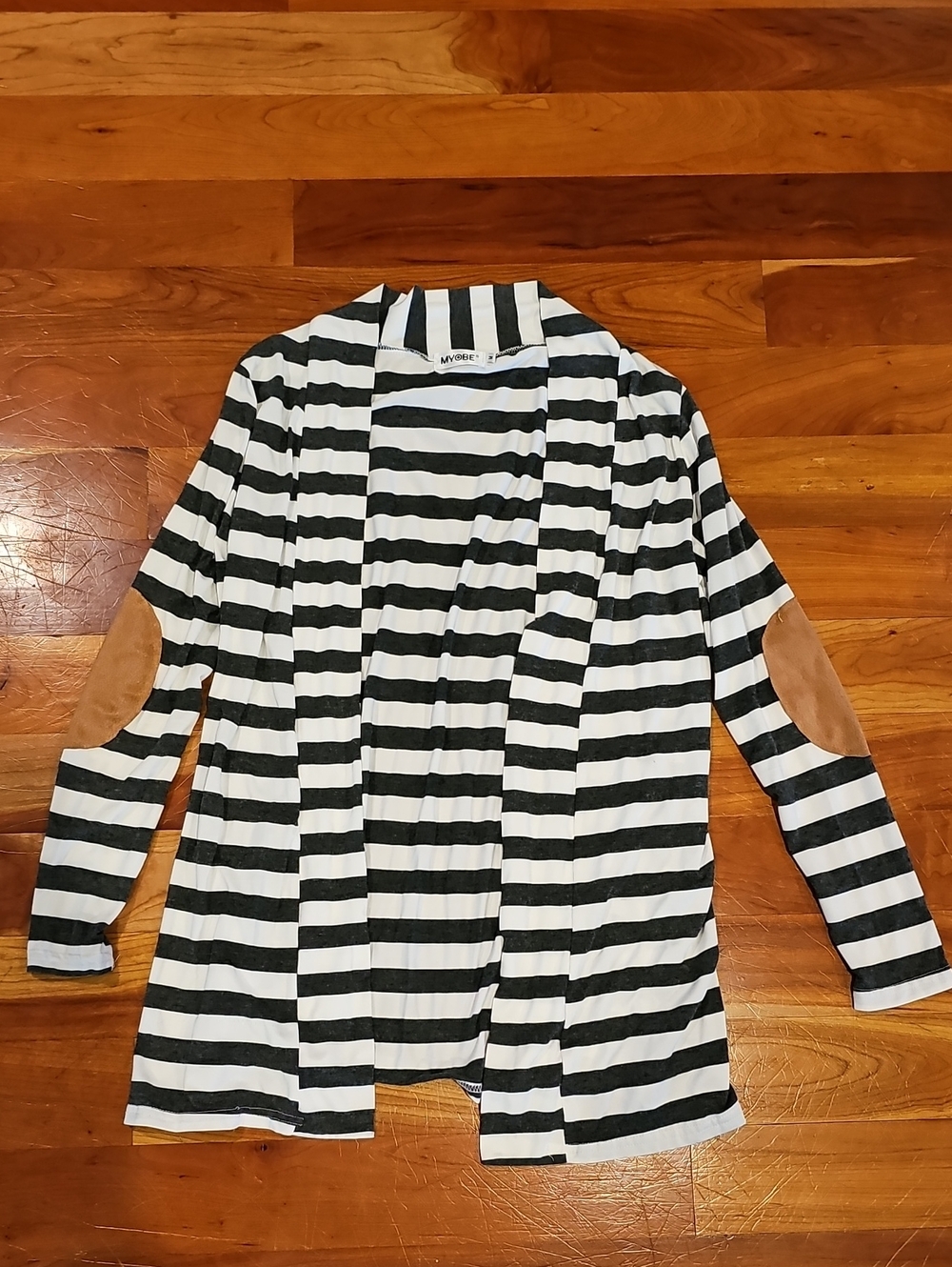 Charcoal Gray & White Striped Open Cardigan with Elbow Patches